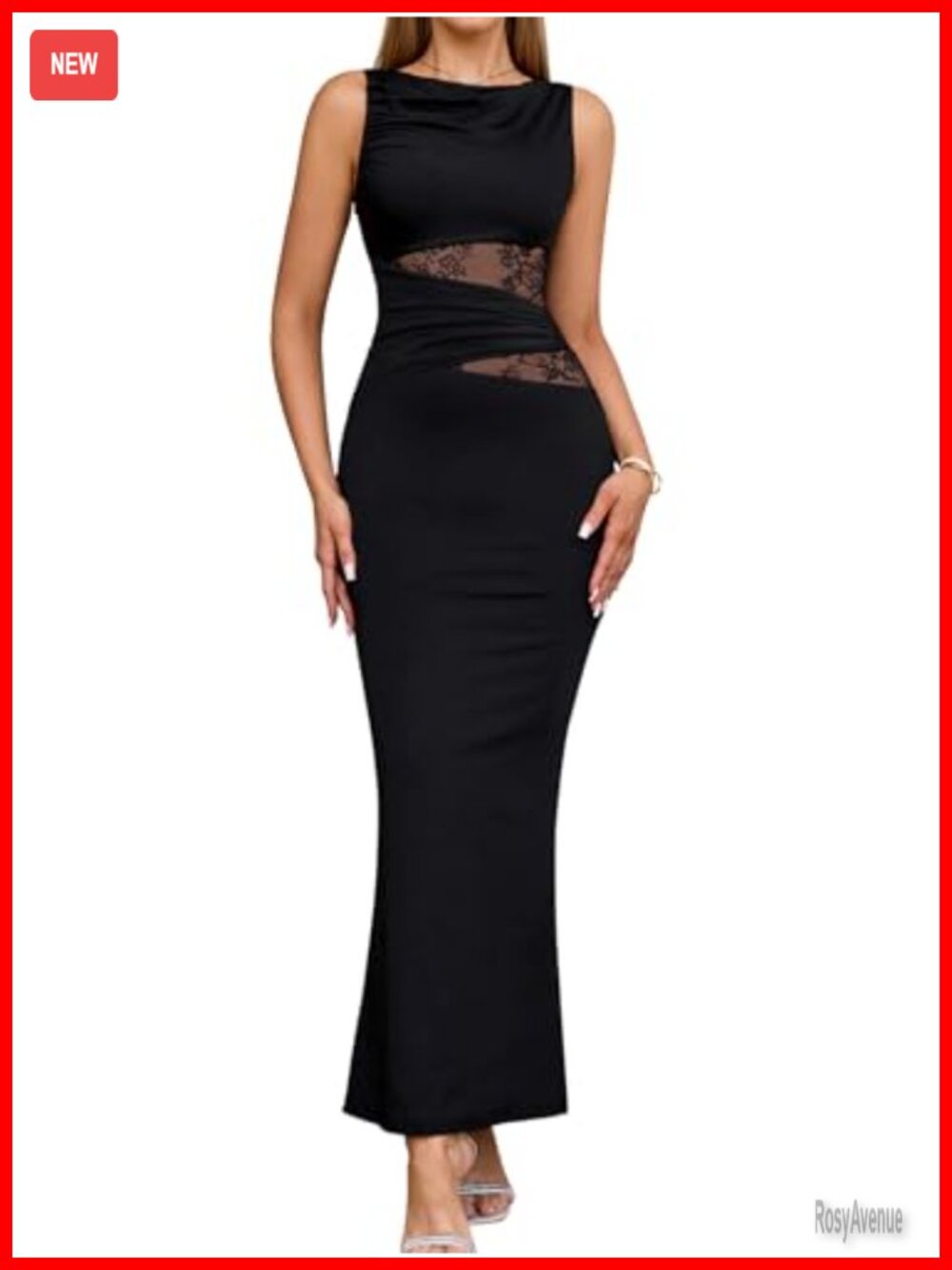 Lace Bodycon Maxi Dress Sleeveless Boat Neck Ruched Formal Wedding Guest